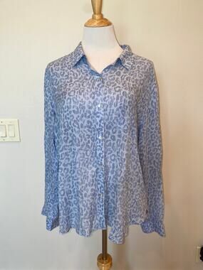 Rails Josephine Blue Batik Cheetah Print Long Sleeve Button Front Blouse Size XL
